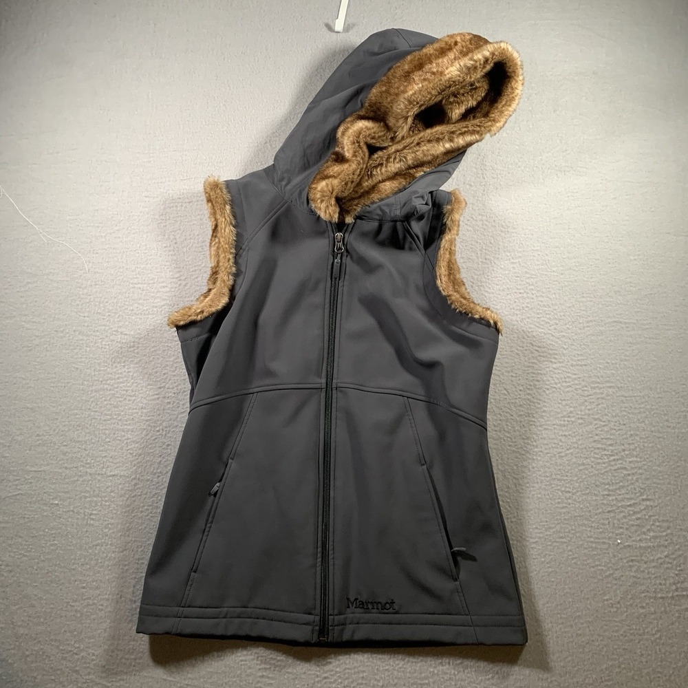 Marmot Women's Furlong Vest Full Zip Fur Lined Hooded Charcoal‎ Gray Pockets M